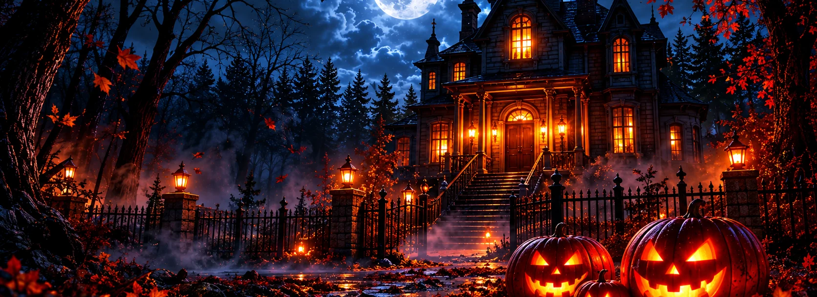 Halloween mansion and pumpkins